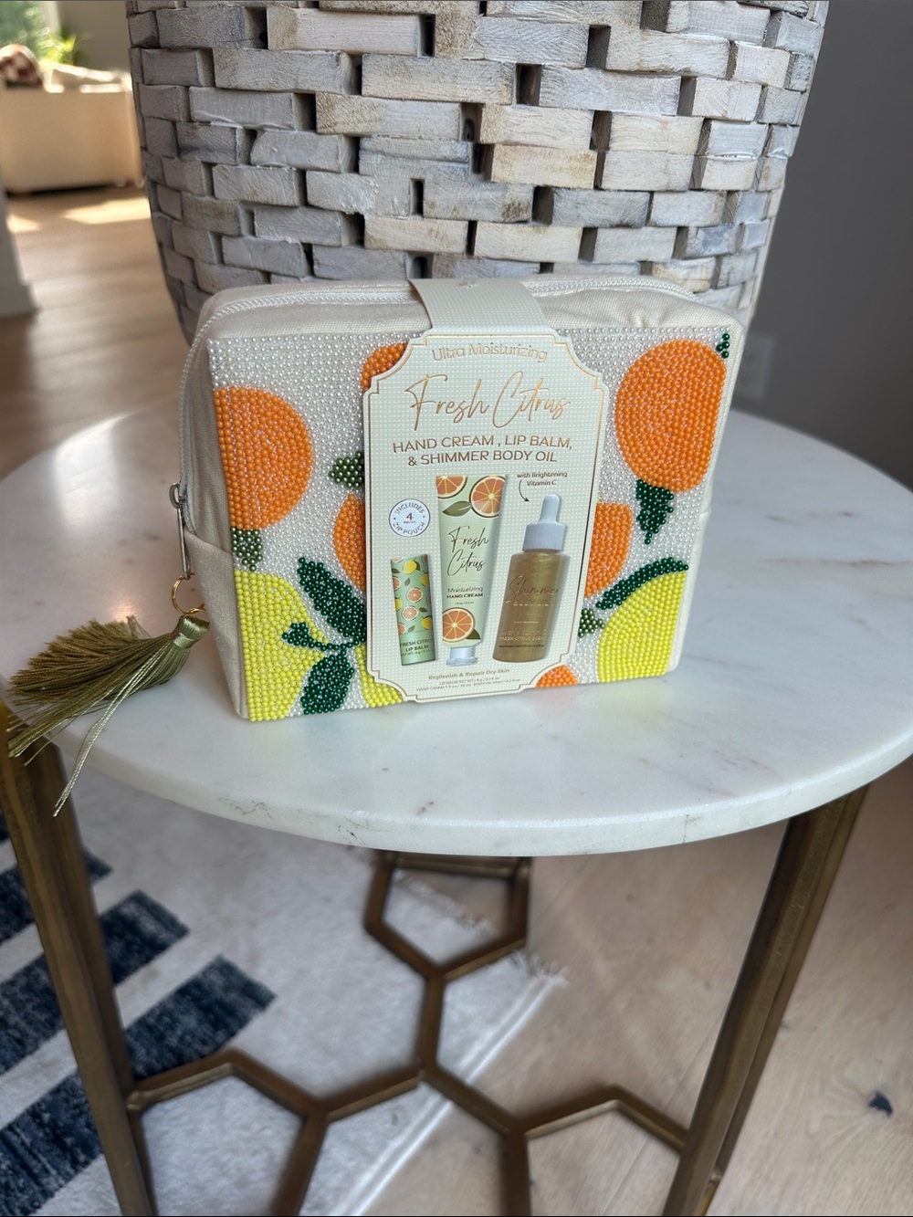 Fresh Citrus Hand Cream, Lip Balm & Shimmer Body Oil Set - Cream Cosmetic Pouch